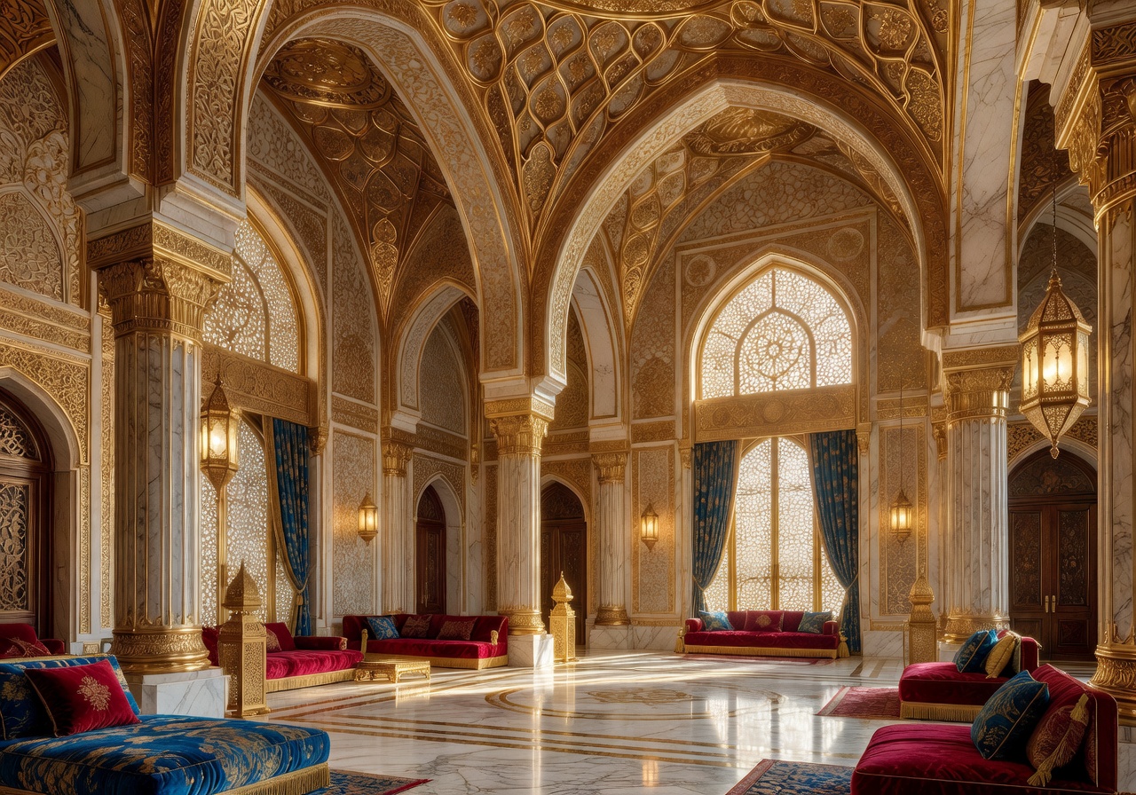Luxury Arabian palace interior with gold architecture and soft lighting