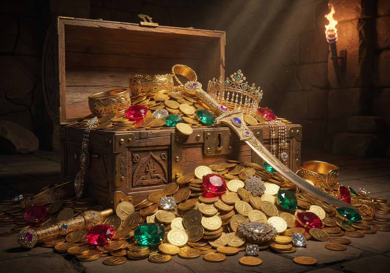 Arabian treasure with jewels and gold coins