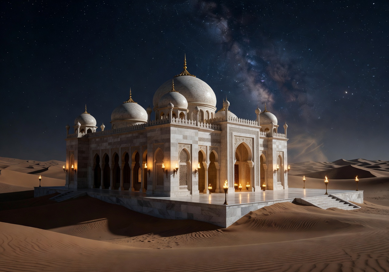 Cinematic view of a desert palace at night