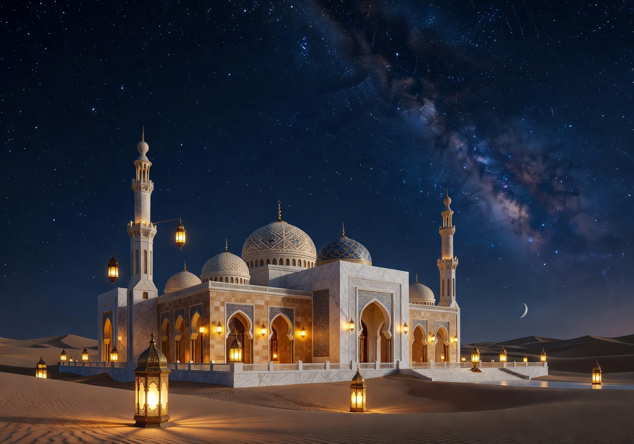 Luxury Arabian palace at night with glowing lanterns and desert sky with stars