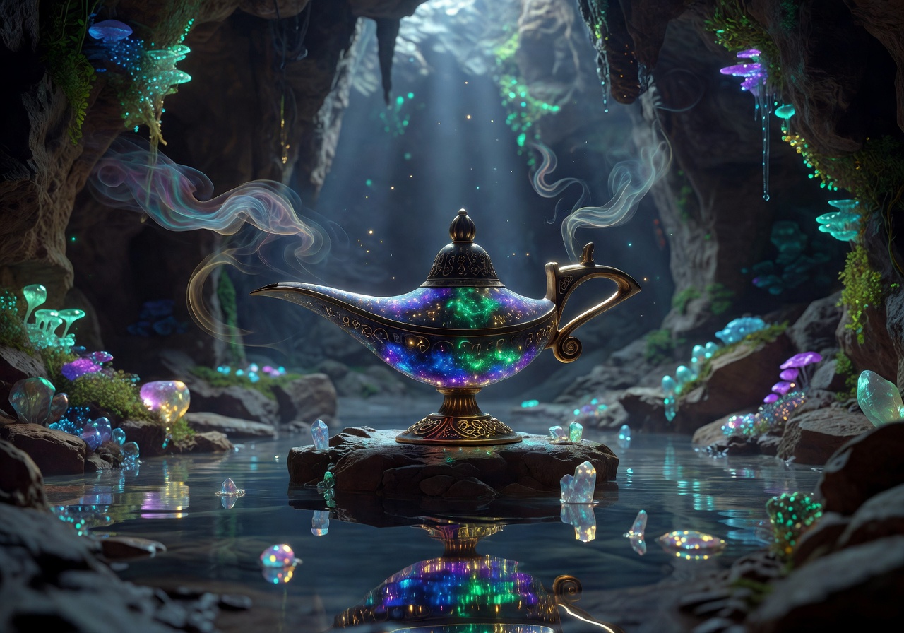 Glowing magical lamp in a mystical setting